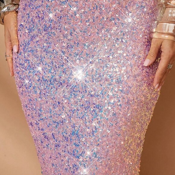 Coral Pink Party Women's Valentine's Day Fish Tail Train High Waist Skirt - Picture 6 of 7